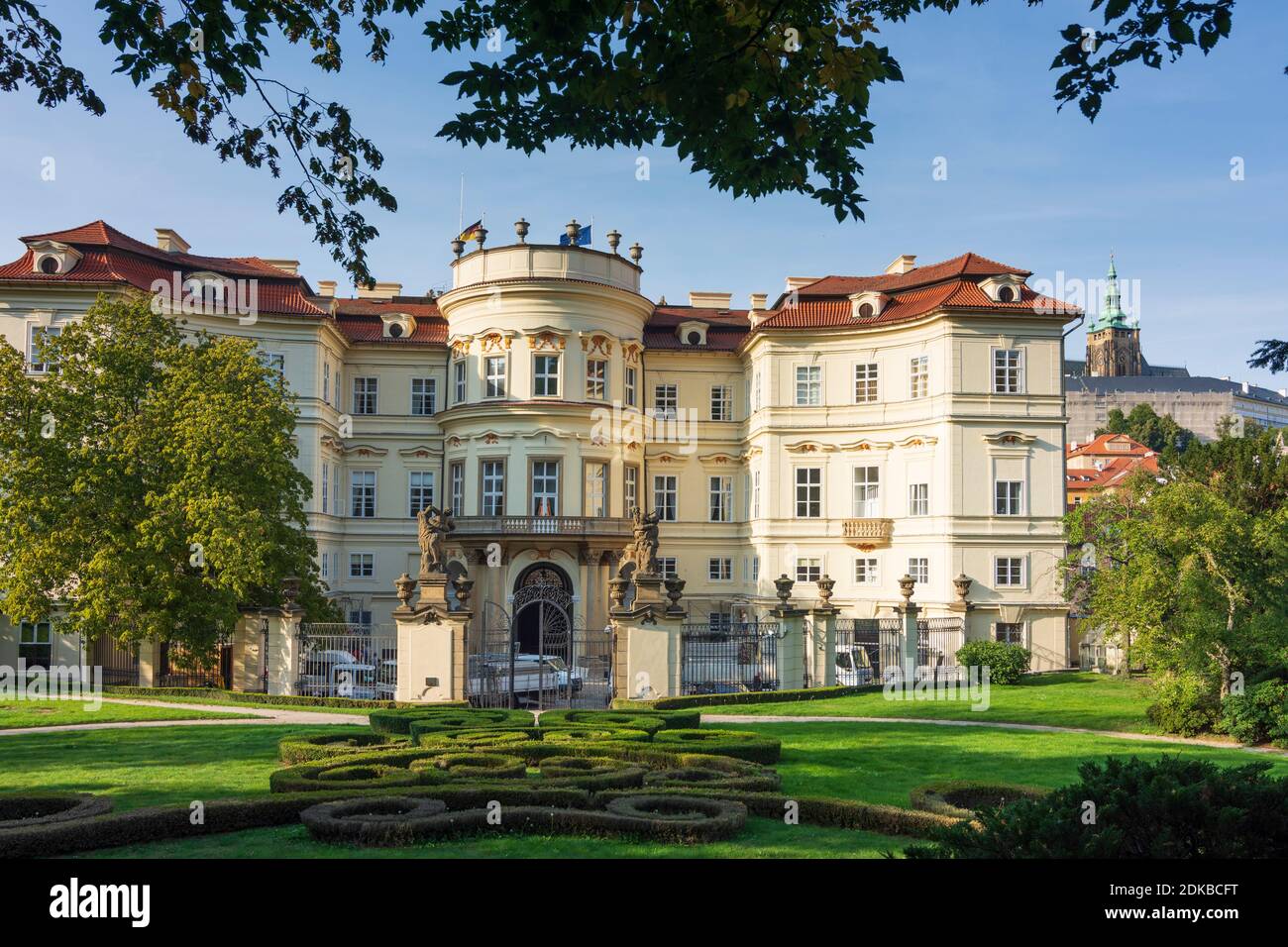Praha, Palazzo del Palais Lobkowicz, oggi Ambasciata della Germania, giardino in cui i rifugiati della Germania dell'Est stavano campeggiando a Mala Strana, Lesser Town, Praha, Prag, Praga, Ceco Foto Stock