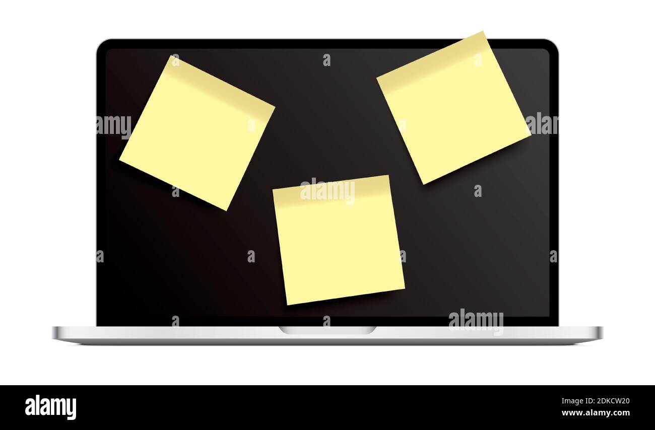 Open laptop with yellow sticky notes on the black screen, isolated on a white background. Modern notebook with To-Do list, or reminder blank notes. Illustrazione Vettoriale