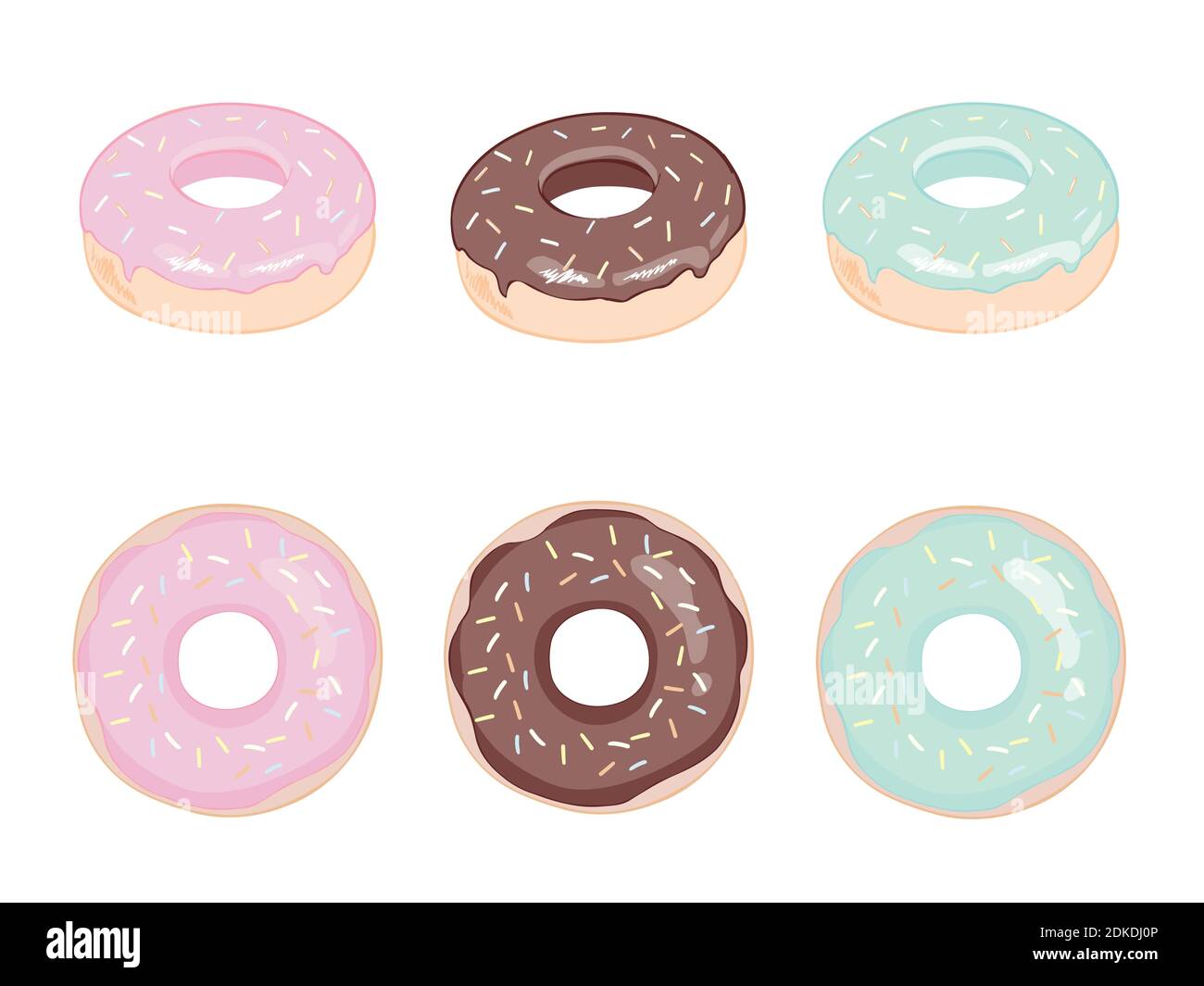 Vettore di donut impostato su uno sfondo bianco. Ciambelle alla menta, cremoso, rosa e blu smalto. Set di icone colorate Donats. Ciambelle nella collezione di smalti. Illustrazione Vettoriale