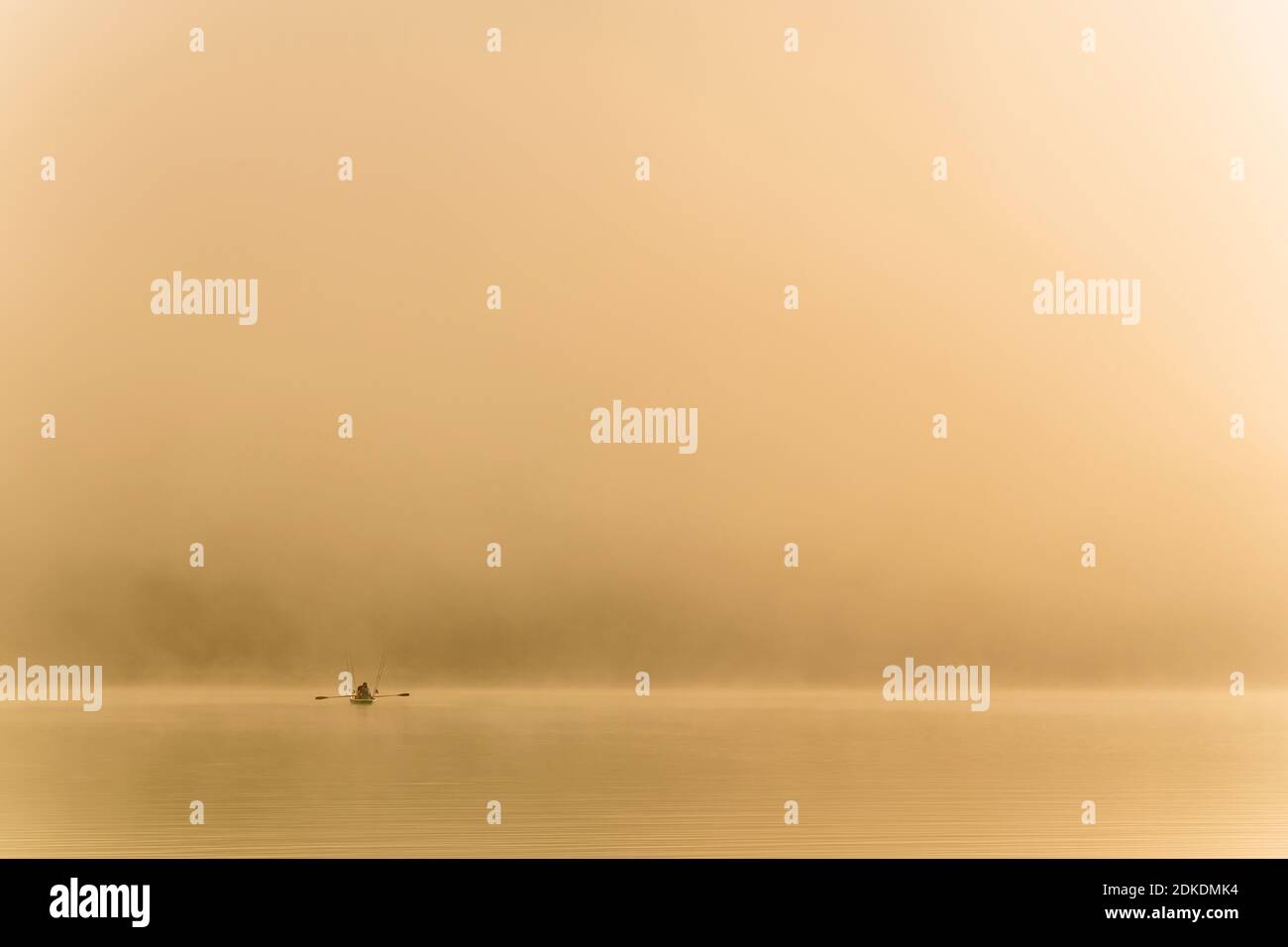I pescatori potranno fare un giro su Sylvensteinspeicher la mattina presto durante l'alba, durante la nebbia e l'umore leggero. Le canne da pesca si trovano in posizione verticale nella barca e attendono di essere utilizzate. Foto Stock