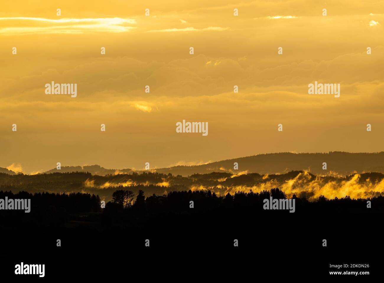 Luce notturna con nuvole e nebbia ai piedi delle Alpi vicino Murnau. Una luce dorata sulla foresta e sul paesaggio collinare. Foto Stock