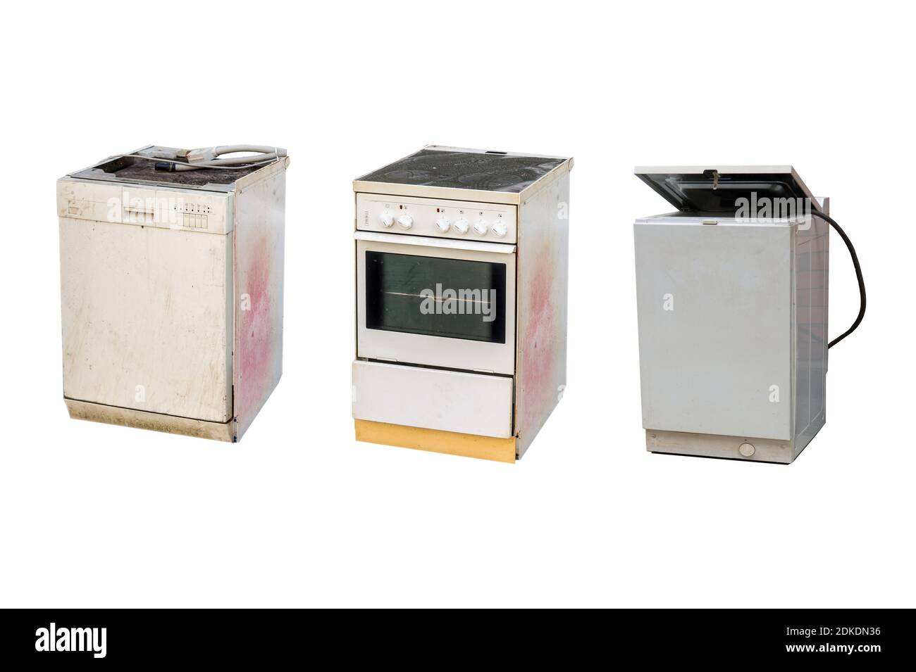 Vecchi apparecchi elettrici e-Waste isolati su sfondo bianco Foto Stock