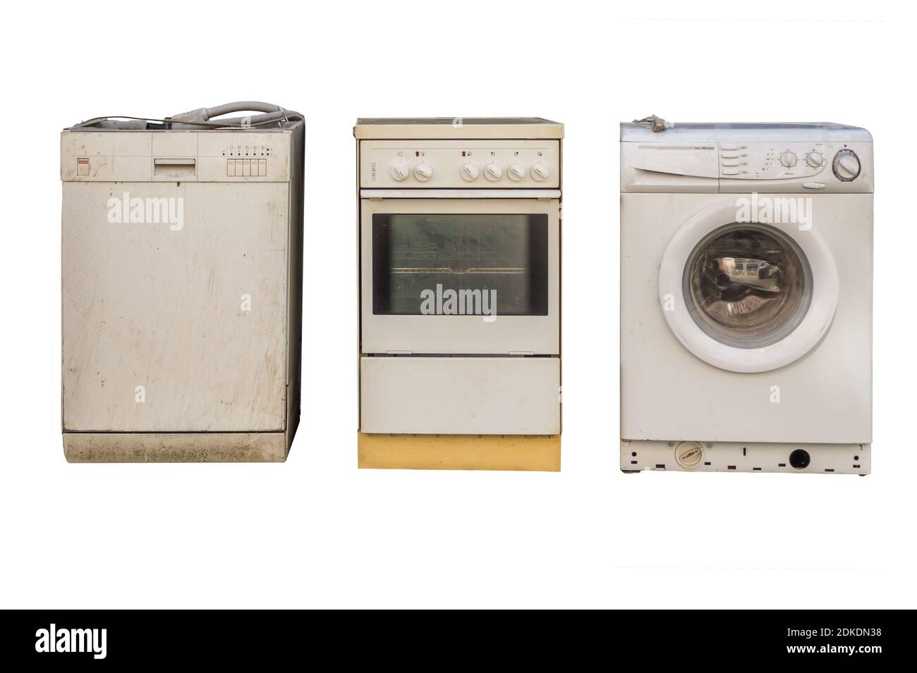 Vecchi apparecchi elettrici isolati su sfondo bianco Foto Stock