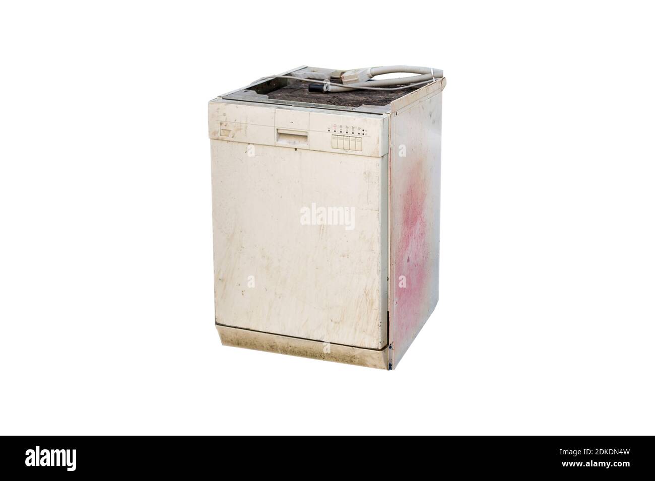 Vecchia lavastoviglie isolata su sfondo bianco Foto Stock