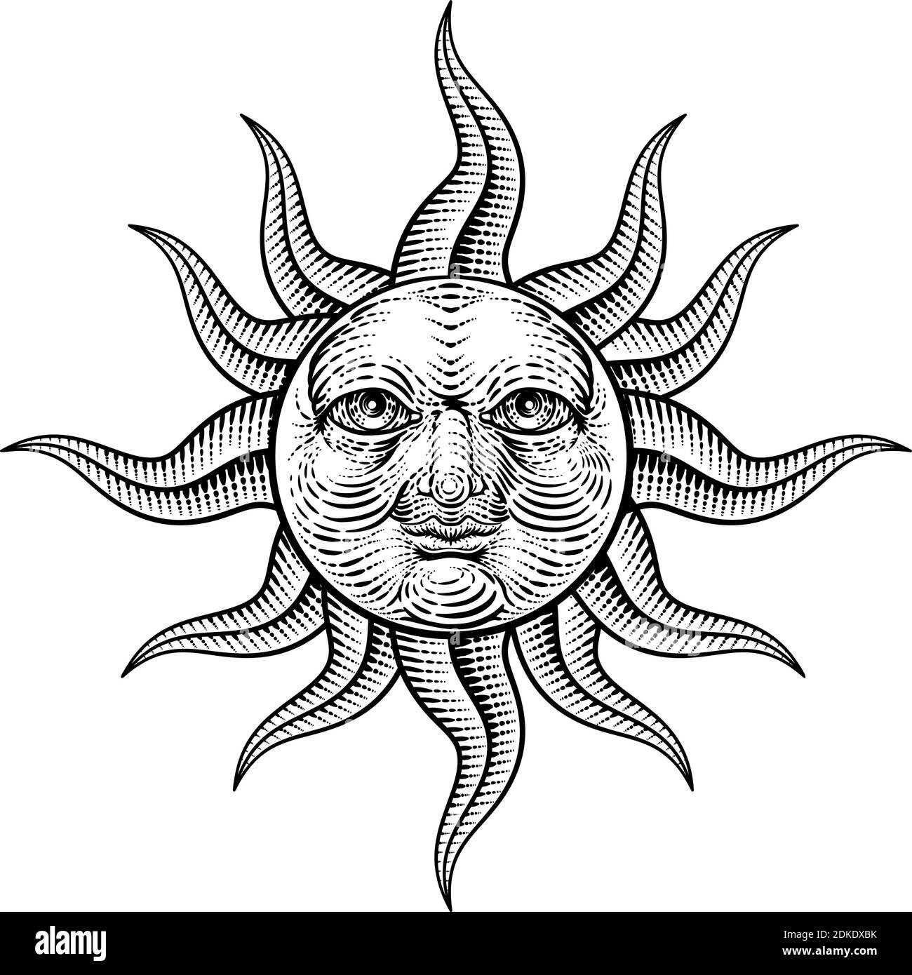 Sun Face Woodcut disegno retro vintage incisione Illustrazione Vettoriale