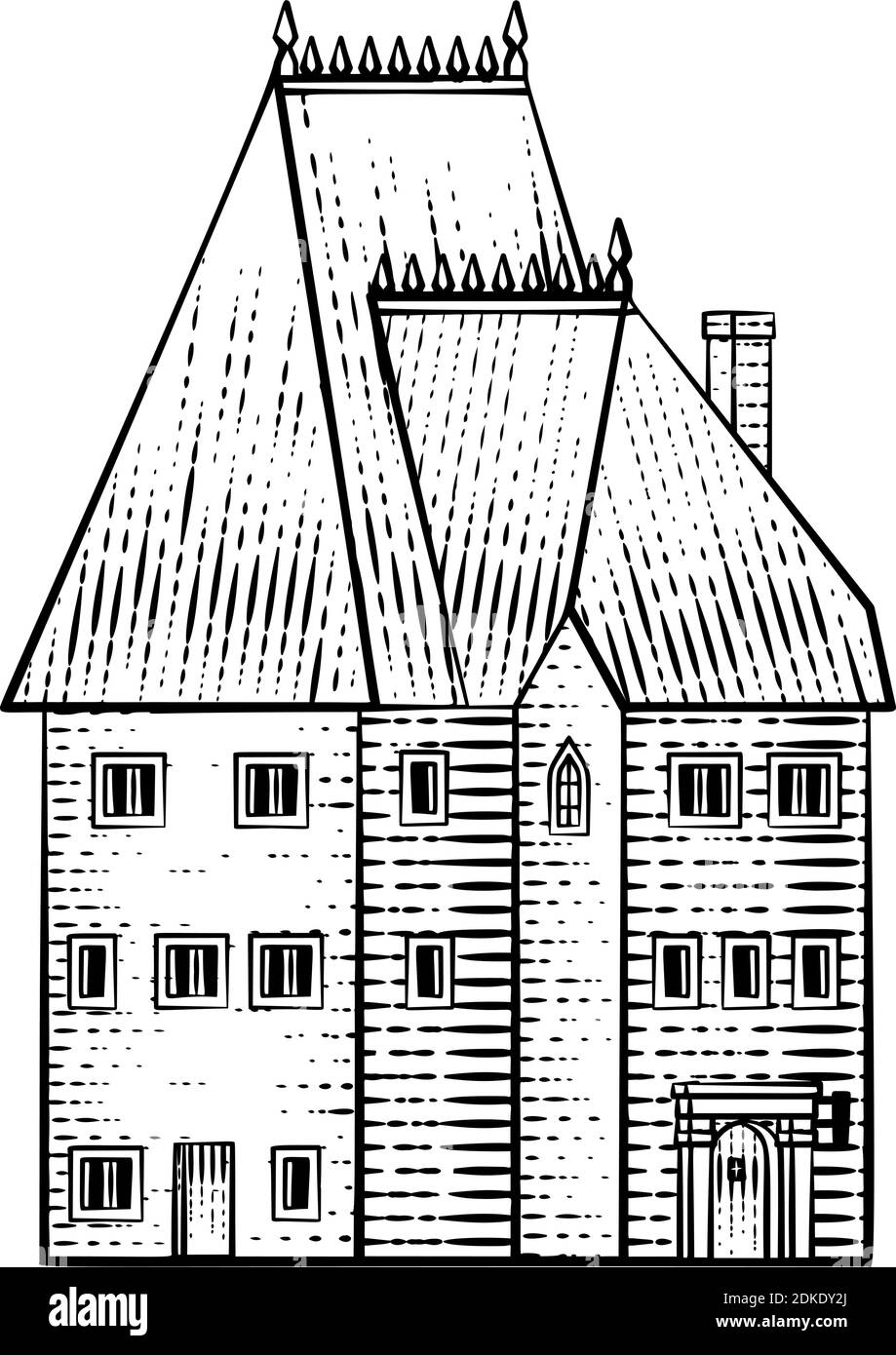Old Medieval House Inn Building Vintage Woodcut Illustrazione Vettoriale