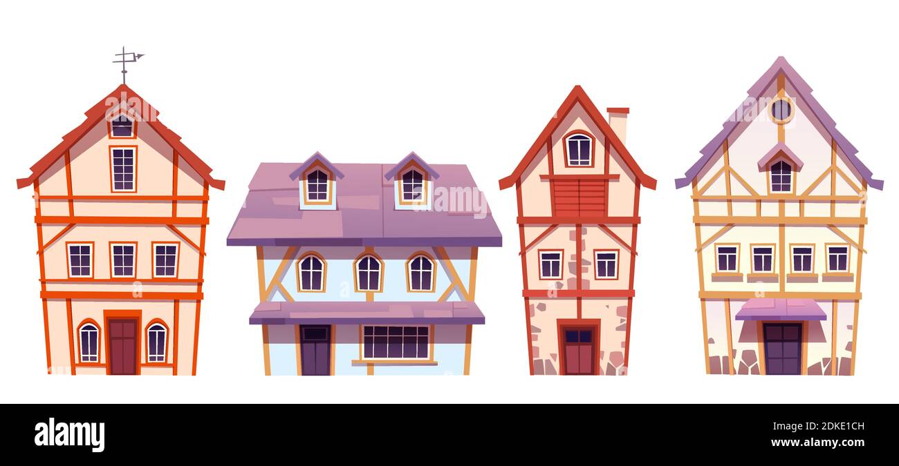 Vecchie case a graticcio nel villaggio tedesco. Edifici europei medievali tradizionali. Cartone animato vettoriale di case fachwerk con facciata in pietra e legno isolato su sfondo bianco Illustrazione Vettoriale Vecchie case a graticcio nel villaggio tedesco. Edifici europei medievali tradizionali. Cartone animato vettoriale di case fachwerk con facciata in pietra e legno isolato su sfondo bianco Illustrazione Vettoriale