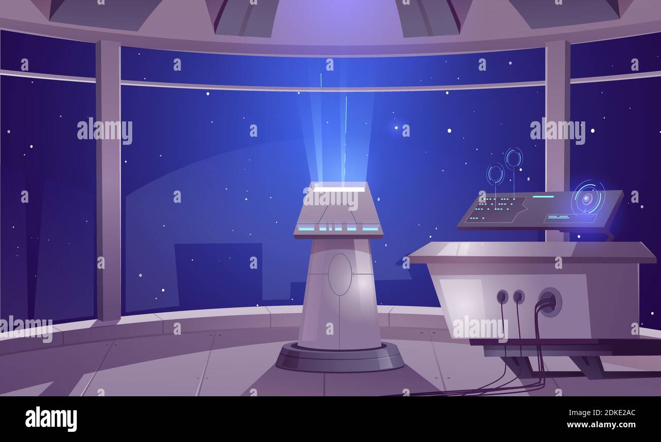 Centro di controllo navicella spaziale, interno cabina capitano con pannello hud centro dati e ampie finestre vista cosmo. Orlop alieno futuristico, cockpit in veicolo spaziale, razzo interstellare Cartoon vettore illustrazione Illustrazione Vettoriale