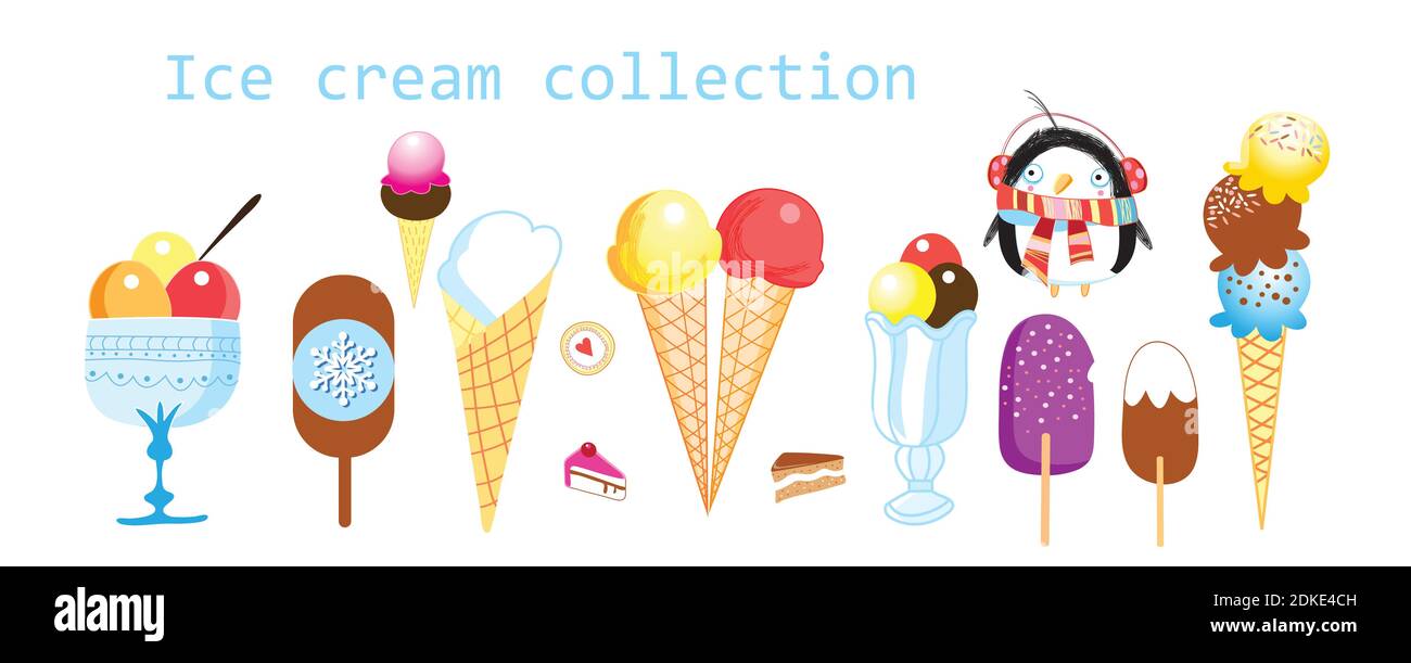 Raccolta di gelati vettoriali multicolore isolati su sfondo bianco. Vendita di gelati pubblicitari per il negozio Illustrazione Vettoriale