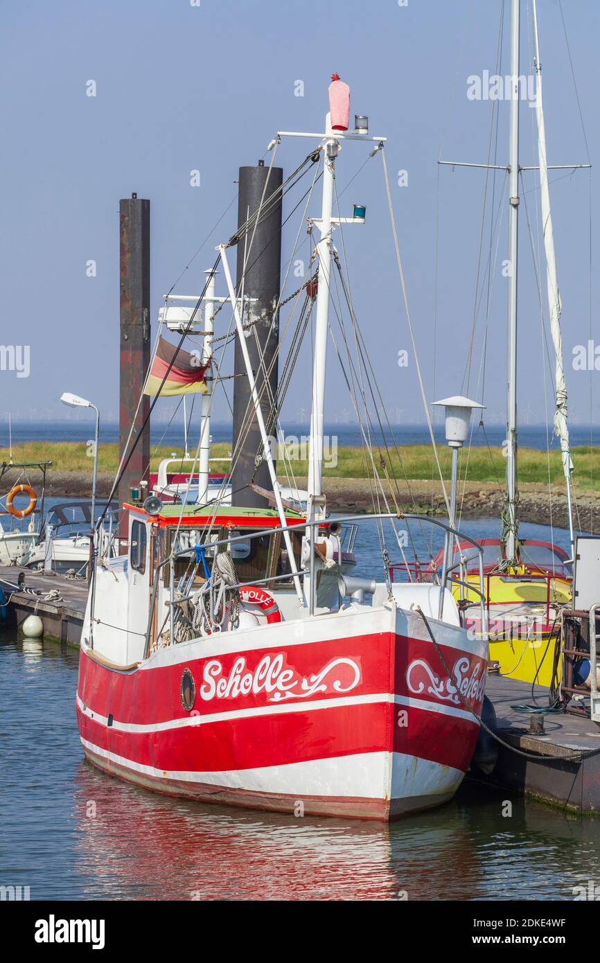 Porto con peschereccio da traino, Altenbruch, North Sea Spa Cuxhaven, bassa Sassonia, Germania, Europa Foto Stock