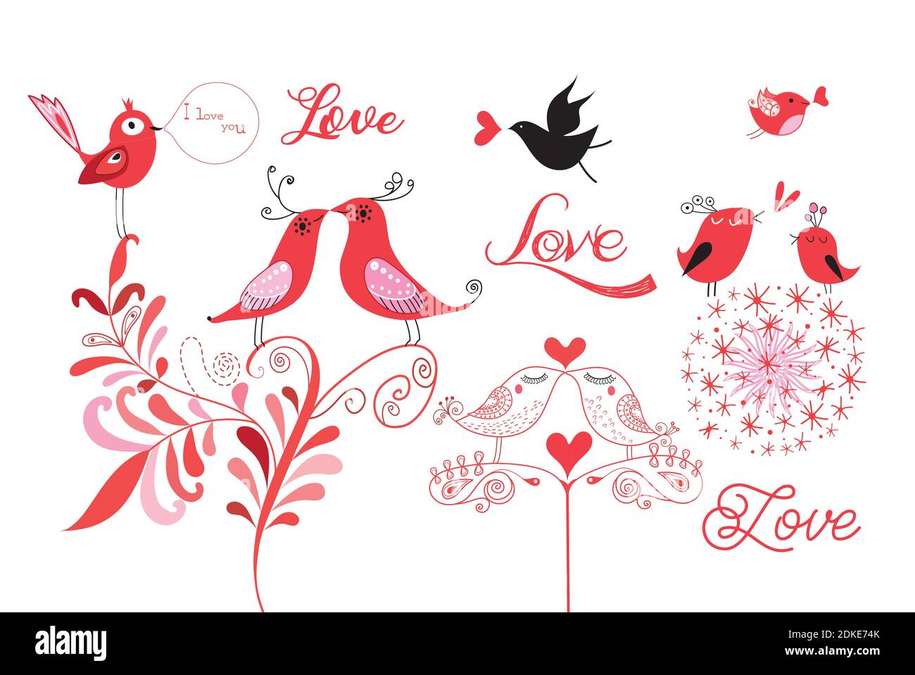 Lovebirds bella grafica isolato su sfondo bianco. Esempi di avebirds per San Valentino Illustrazione Vettoriale