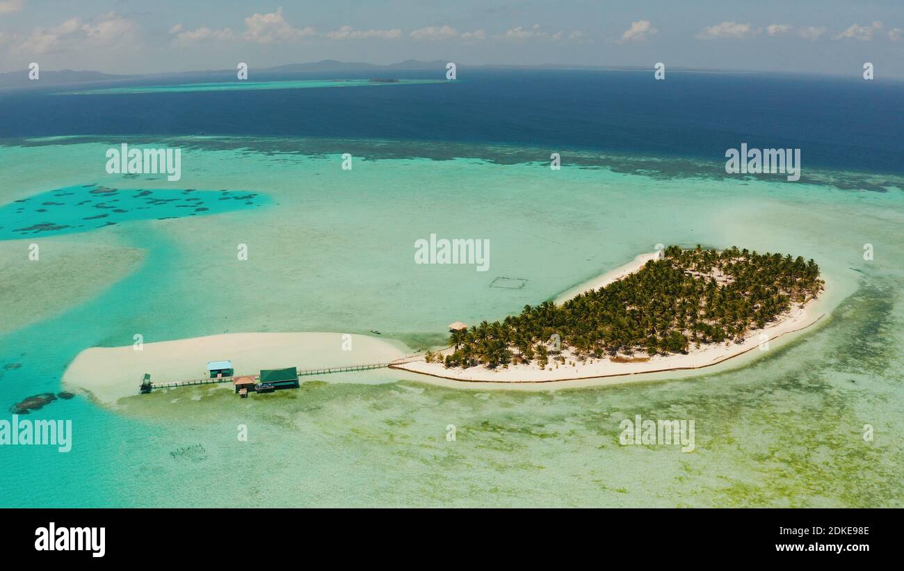 Spiaggia di sabbia e le isole tropicali da atollo con barriera corallina, vista dall'alto. Onok Isola, Balabac, Filippine. Estate viaggi e concetto di vacanza Foto Stock