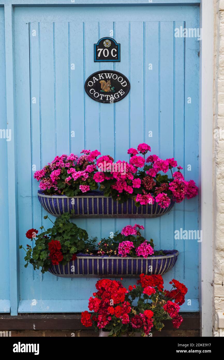 Inghilterra, Kent, affare, porta colorata con fiori Foto Stock