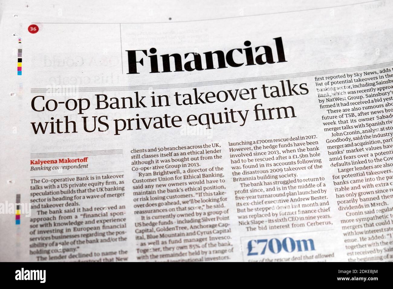 Titolo del giornale Guardian nella sezione finanziaria articolo 'Co-Op Bank in Colloqui di acquisizione con la società americana di private equity del 17 novembre 2020 Londra, Regno Unito Foto Stock