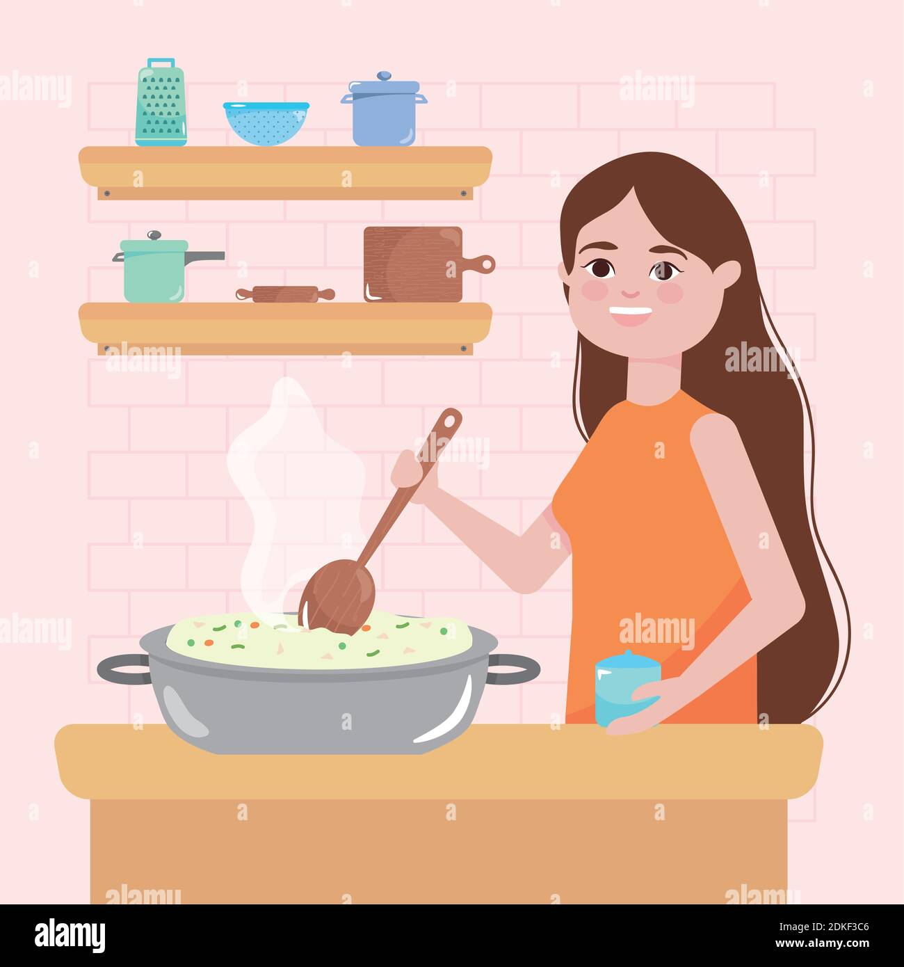 kitchen design with woman cooking stirring a rice pot with wooden spoon, colorful design, vector illustration Illustrazione Vettoriale