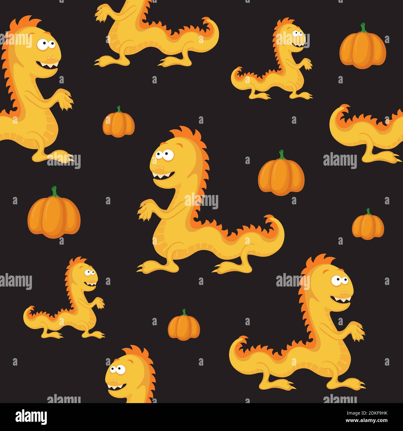 motivo senza cuciture con mostri halloween su sfondo nero. Illustrazione Vettoriale