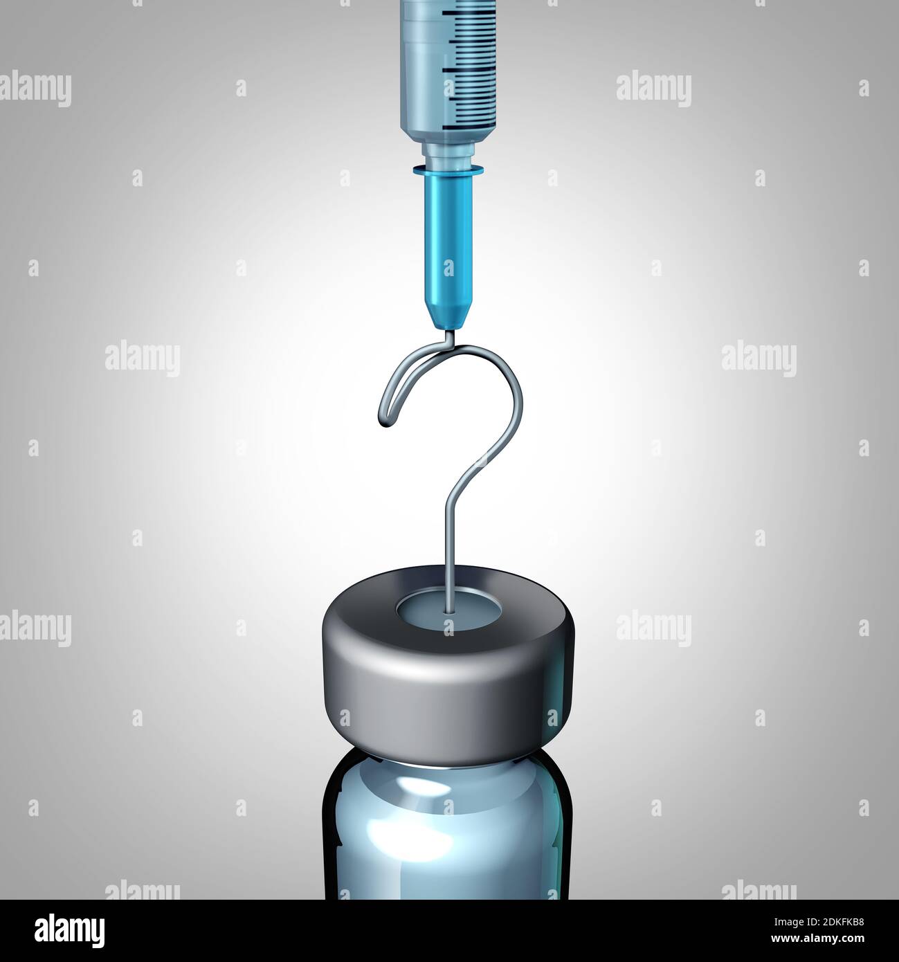 Domande sul vaccino e sulla vaccinazione dei virus trattamento e influenza o coronavirus malattia medica incertezza e rischio come siringa o ago. Foto Stock