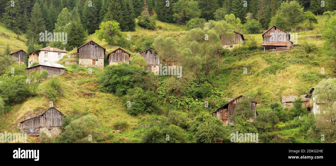 Annessi di campagna (capannoni) nella foresta di conifere sulle ripide pendici dei Monti Rodopi in condizioni di nuvolosità (Rhodopes, Bulgaria) Foto Stock