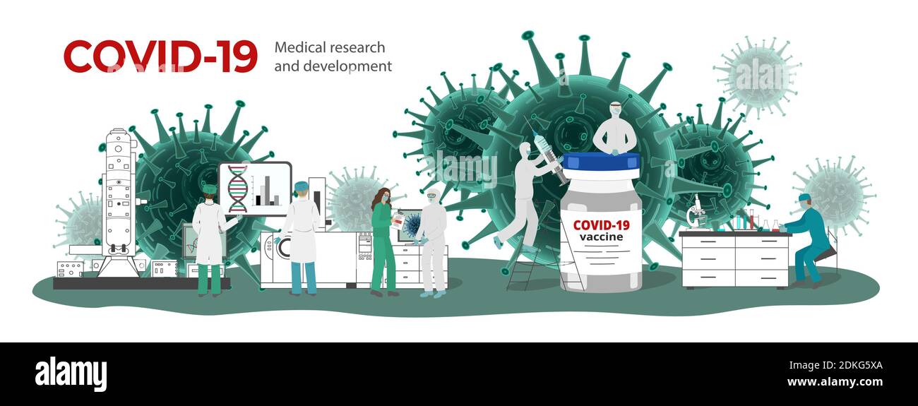 Covid-19 concetto di sviluppo del vaccino del coronavirus con i caratteri della gente scienziati e medici in laboratorio medico di ricerca. Scena con virus su b Illustrazione Vettoriale