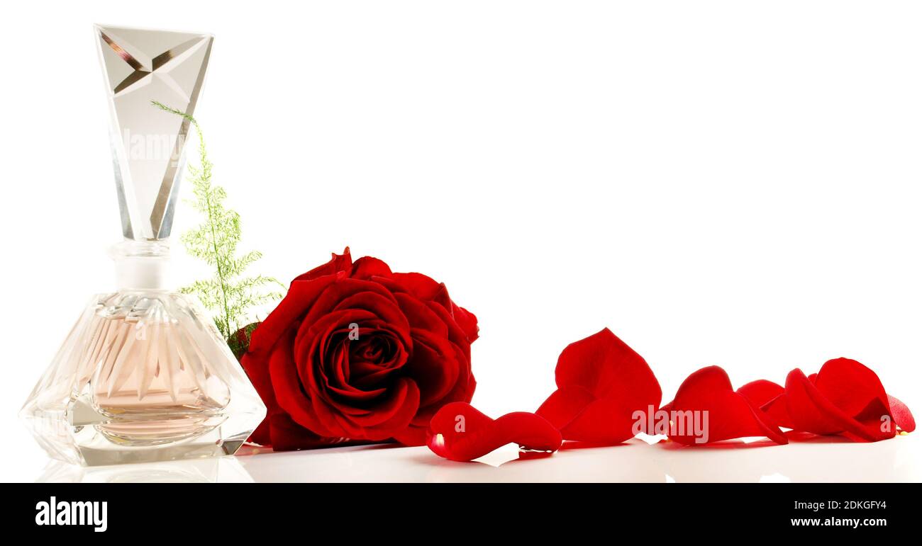 Vecchia bottiglia di profumo presente con petali di rosa Panorama isolato Sfondo bianco Foto Stock