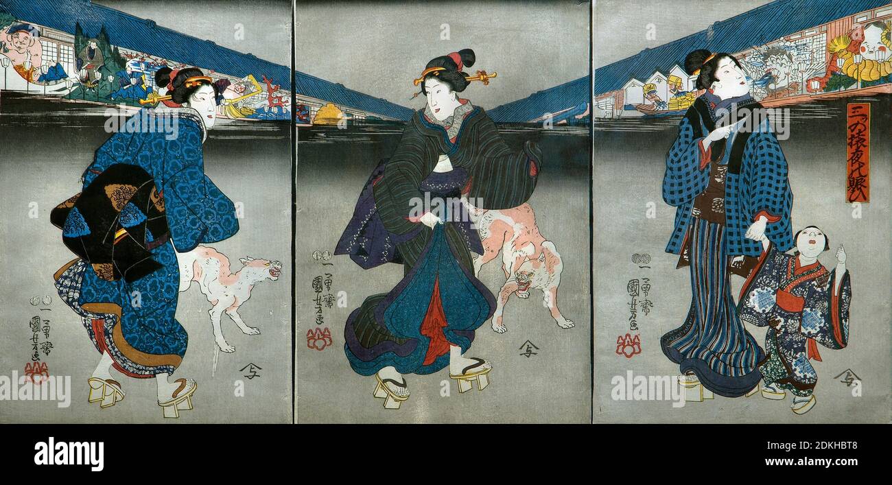 Utagawa Kuniyoshi 1798-1861. Festa di tre scimmie nella notte (Mitsu no saru yoru no nigiwai). 1847-1848. Ōban trittico verticale. Foto Stock