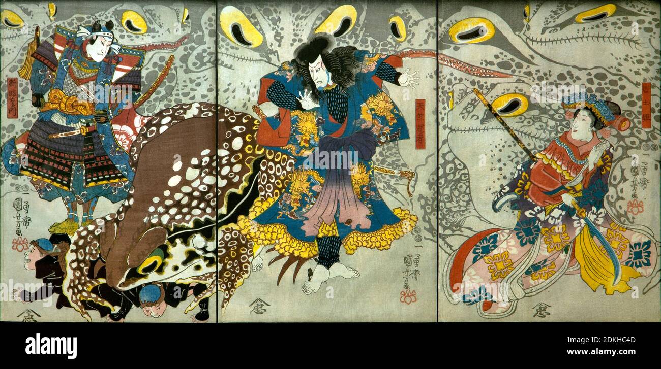 Art, Utagawa Kuniyoshi 1798-1861, titolo dell'opera, Bandō Shiuka come Principessa Morokoshi, Onoe Kikugorō III come Tejiku Kaja e Sawamura Sōjūrō V come SH Foto Stock