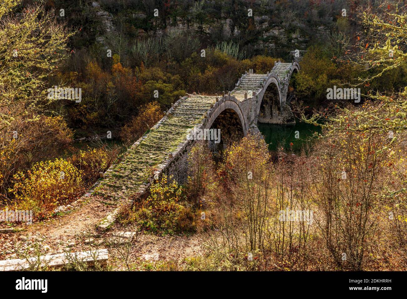 Kalogeriko (plakida) vecchio ponte di pietra ad arco durante la stagione autunnale situato sul fiume di Voidomatis a Zagori, Epiro Grecia. Foto Stock
