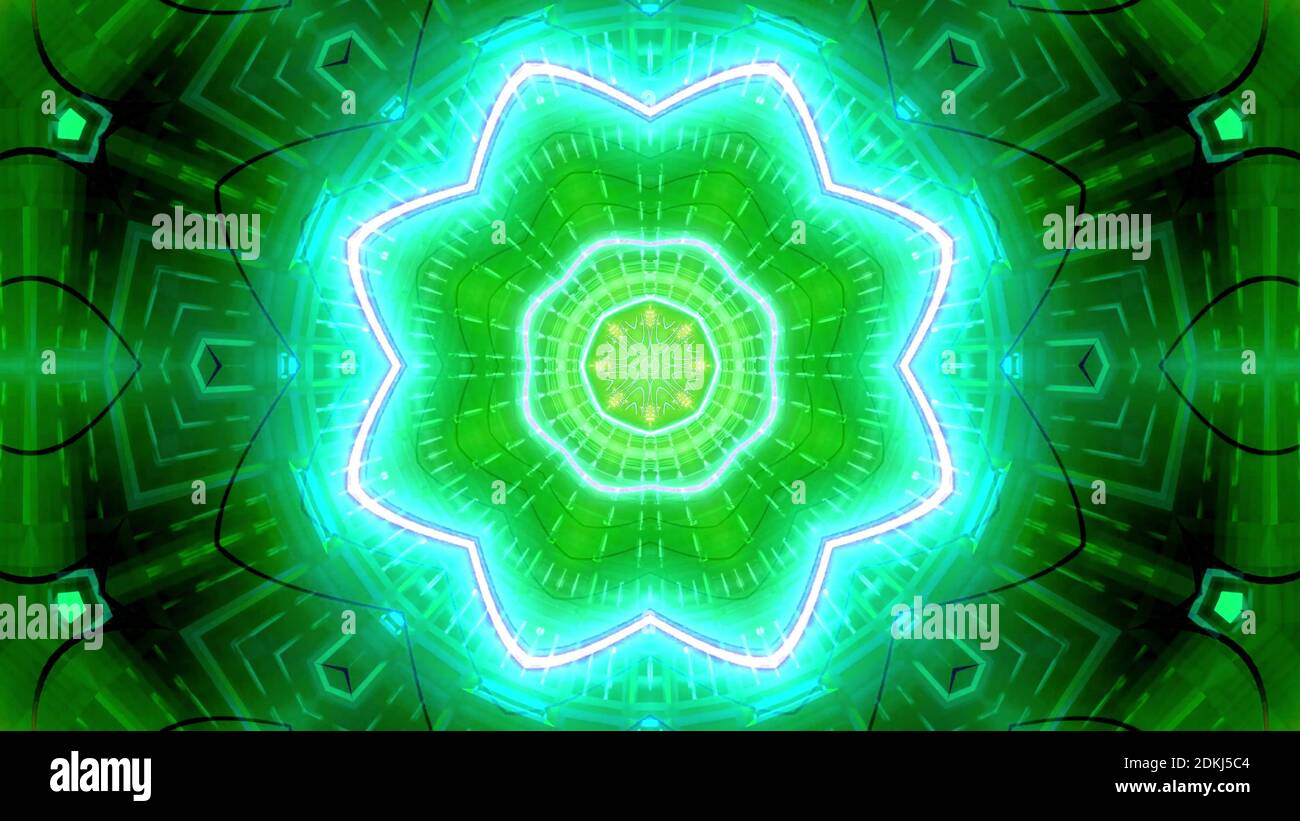 Verde giallo lampeggiante stella kalaidoscope 3d illustrazione disegno sfondo sfondo illustrazione Foto Stock