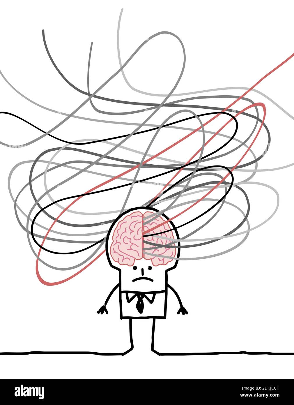 Uomo di cartone confuso disegnato a mano con cervello grande e aggrovigliato Linee grigie intorno Illustrazione Vettoriale