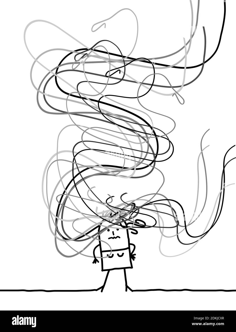 Cartone confuso disegnato a mano ragazza con lunghi capelli grey aggrovigliati Intorno Illustrazione Vettoriale