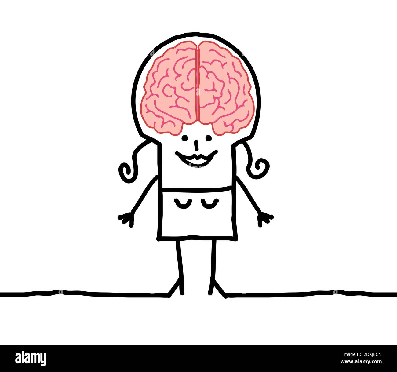 Mano disegnata sorridente Cartoon Clever Woman con cervello grande Illustrazione Vettoriale