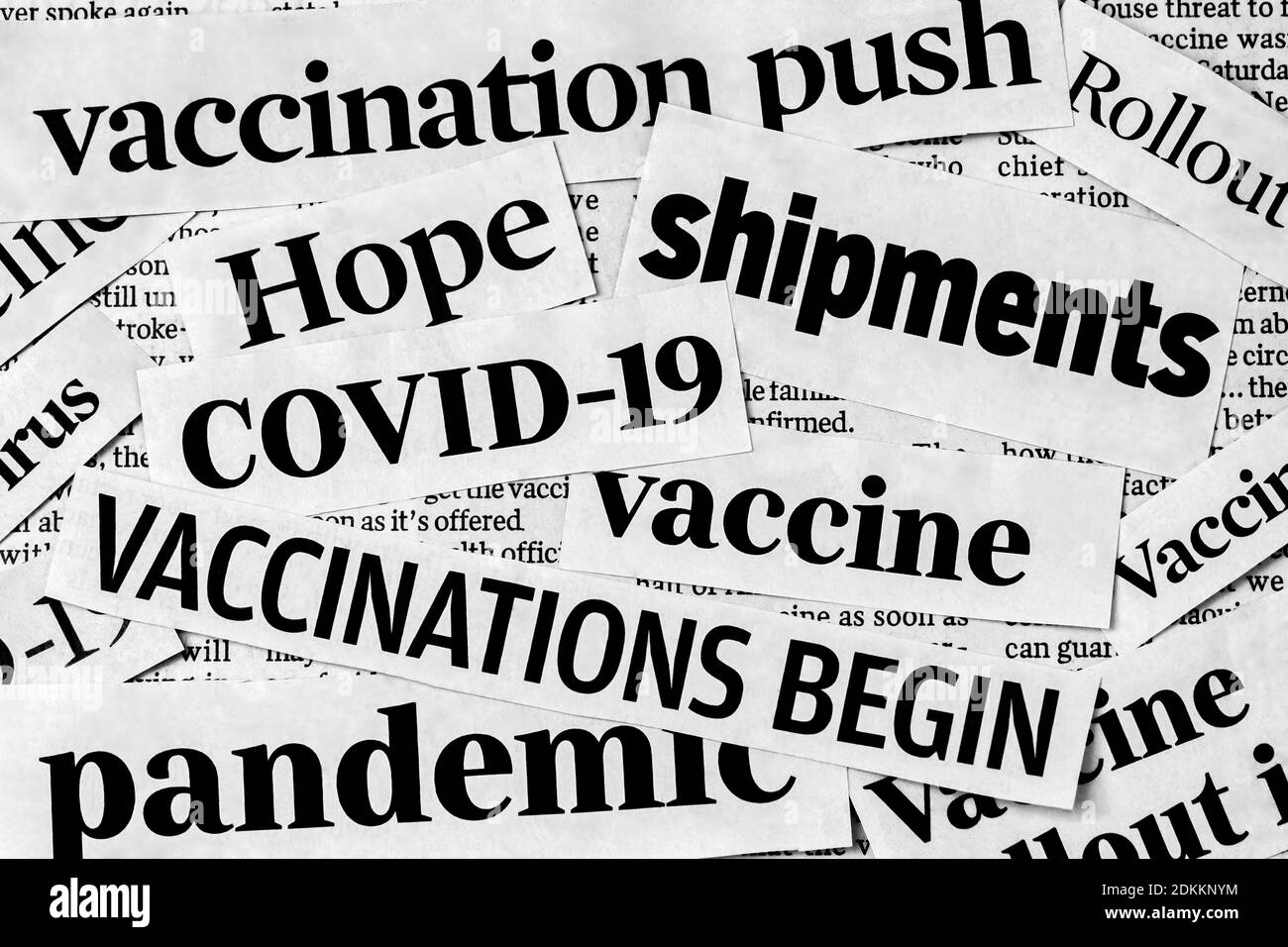 Covid-19 notizie sul vaccino del coronavirus. Concetto di vaccinazione, approvazione del vaccino, spedizione e distribuzione durante la pandemia mondiale Foto Stock