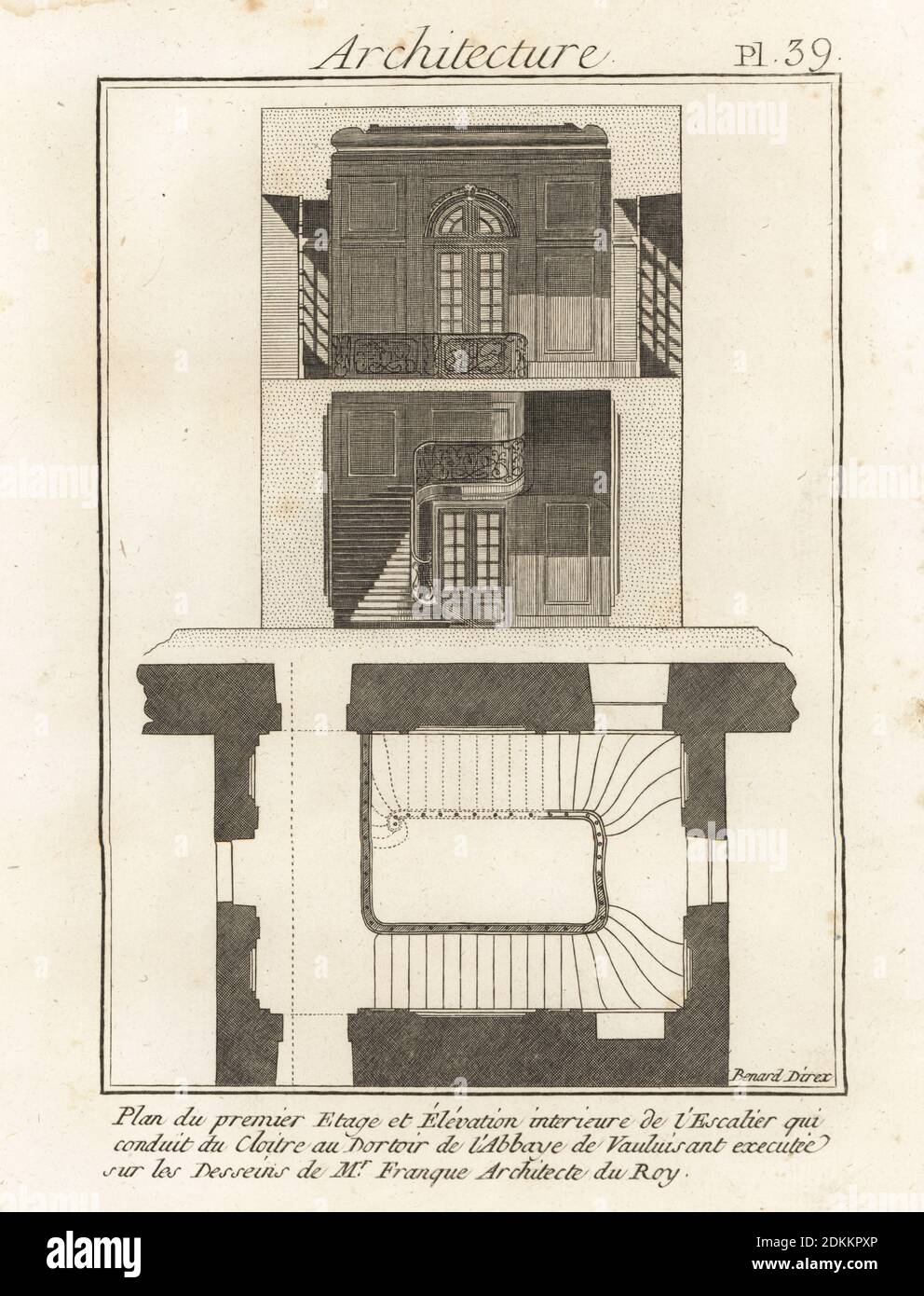 Pianta del piano terra e l'elevazione della scala dal chiostro al dormitorio di Vauluisant Abbazia, progettato da François II Franque, architetto reale. Incisione su copperplate di Robert Benard da Denis Diderot e Jean le Rond d’Alembert’Enciclopedia (Enciclopedia), Ginevra, 1778. Foto Stock