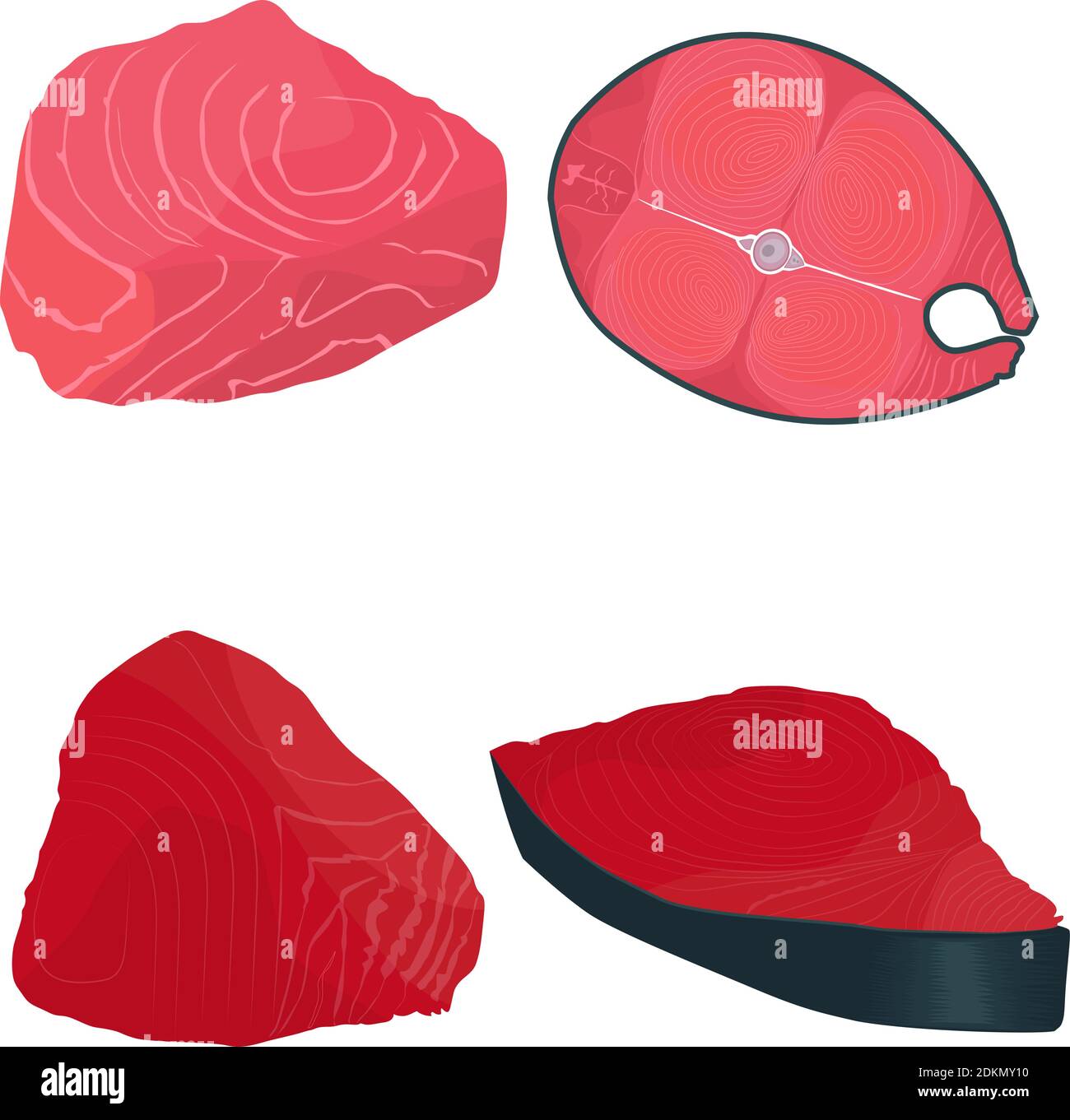 Tonno fresco crudo isolato su fondo bianco, filetto di tonno fresco. Illustrazione Vettoriale