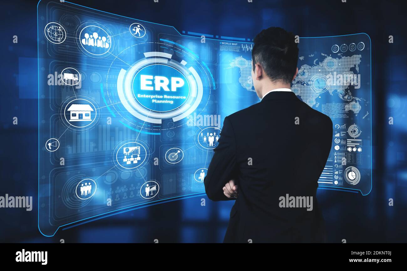 Enterprise Resource Management sistema software ERP per il piano delle risorse aziendali presentato in una moderna interfaccia grafica che mostra la tecnologia futura a. Foto Stock