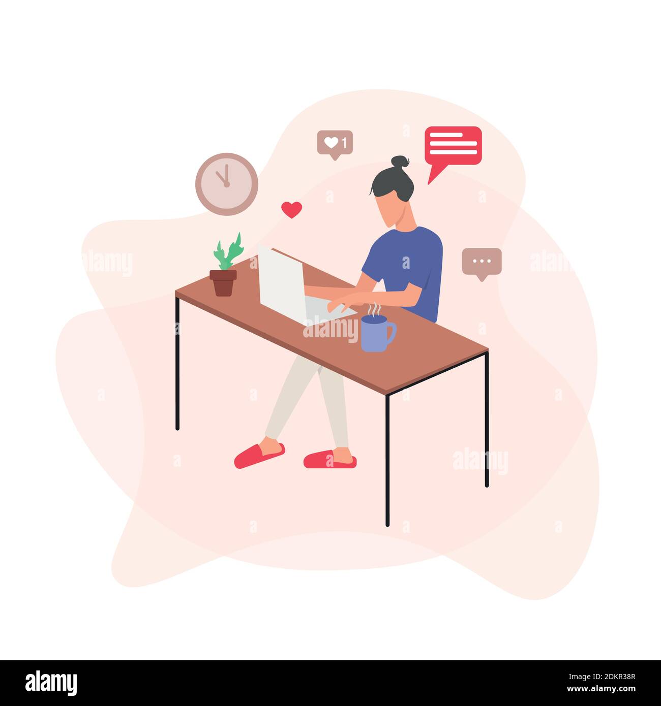 Donna seduta in ufficio a casa con un computer portatile e che lavora come responsabile dei social media. Isolamento del lavoro di quarantena Illustrazione Vettoriale Donna seduta in ufficio a casa con un computer portatile e che lavora come responsabile dei social media. Isolamento del lavoro di quarantena Illustrazione Vettoriale