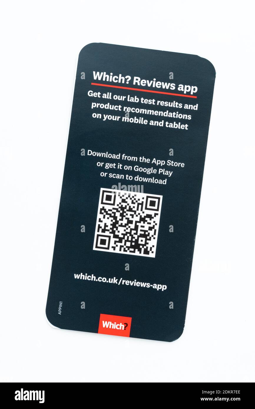 Codice QR su quale? opuscolo pubblicitario app della rivista consumer Foto Stock