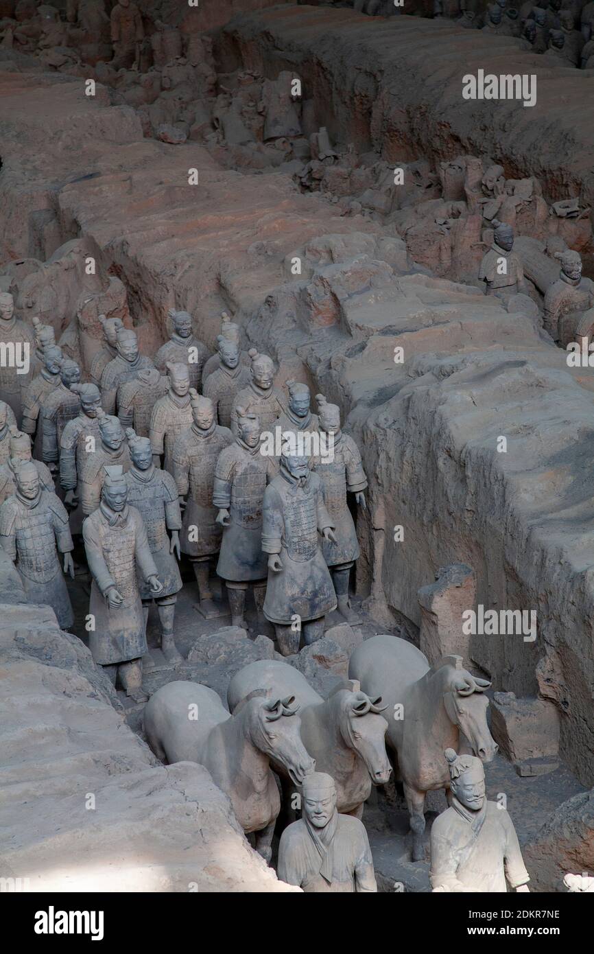 Ranghi di soldati delle sculture del guerriero dell'Armata di Terracotta raffiguranti gli eserciti di Qin Shi Huang, il primo imperatore della Cina in Pit 1 a Xian X'ia Foto Stock