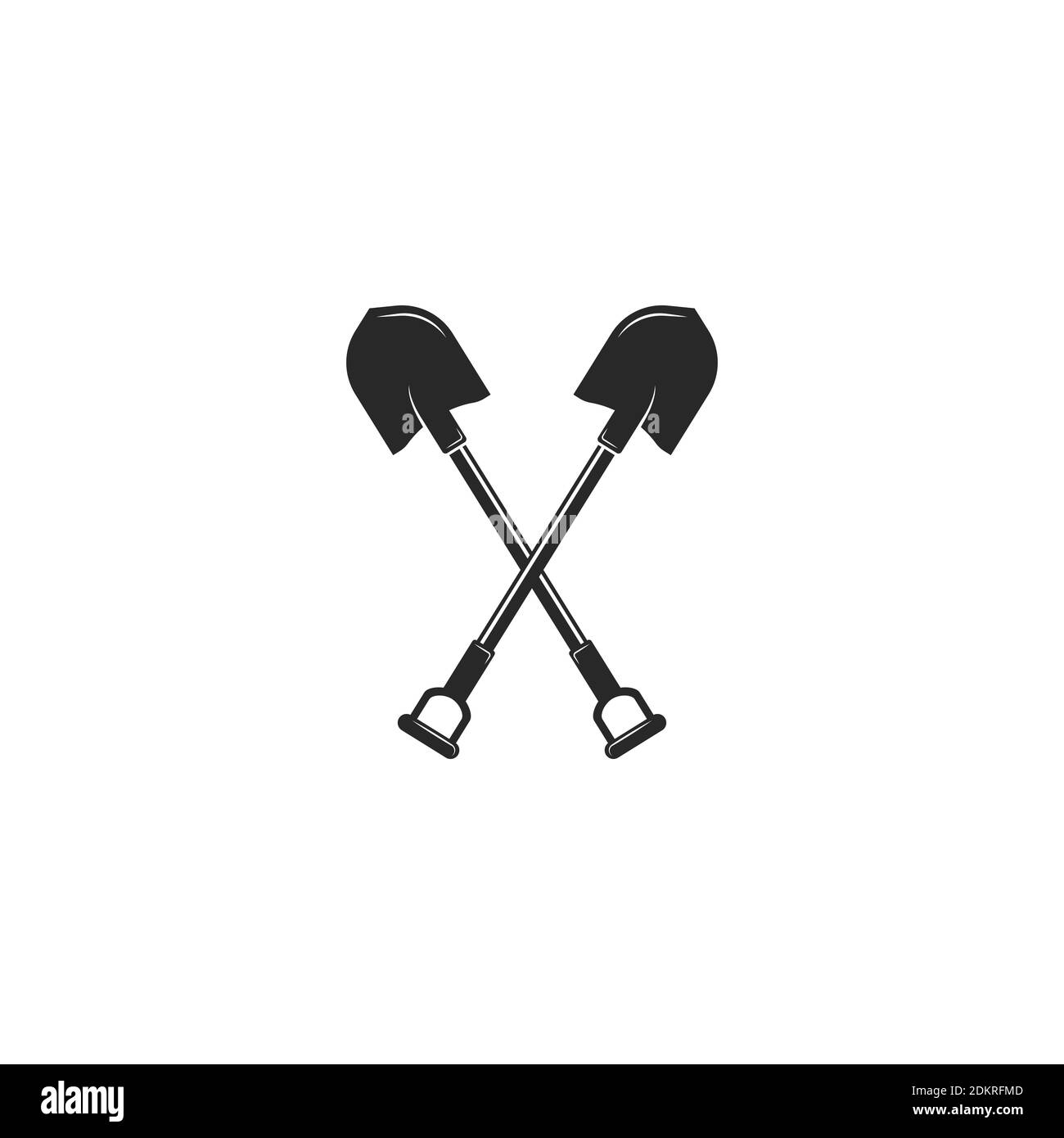 Icona delle pale incrociate nere isolata su bianco. Attrezzo di giardinaggio e di agricoltura. Simbolo di scavo, manutenzione, costruzione. Illustrazione piatta del vettore a spade. Illustrazione Vettoriale