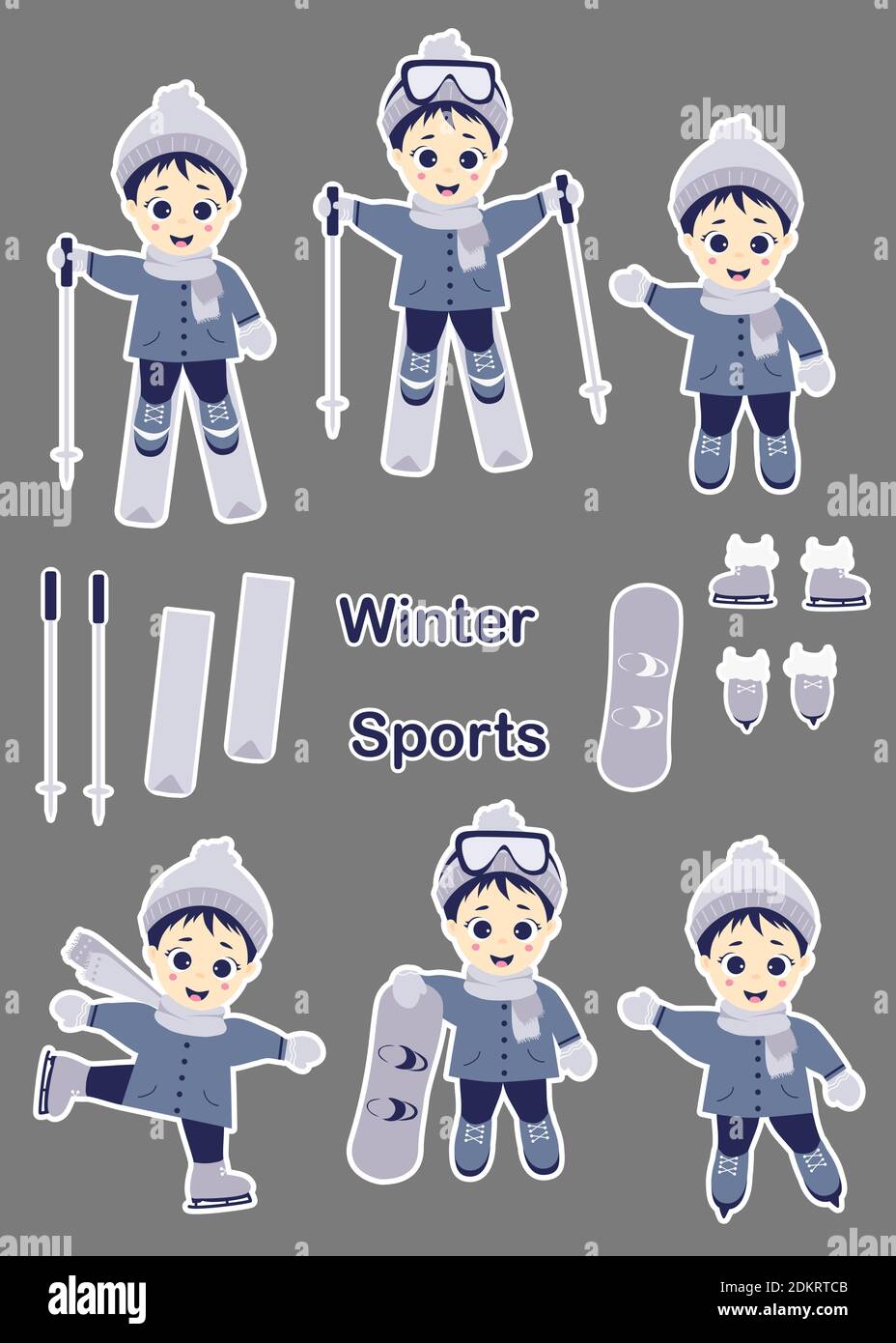 Bambini inverno. Set di adesivi - cute boy è lo sci, il pattinaggio e lo  snowboard in diverse posizioni. Sport invernali. Illustrazione vettoriale.  Colletti per bambini Immagine e Vettoriale - Alamy
