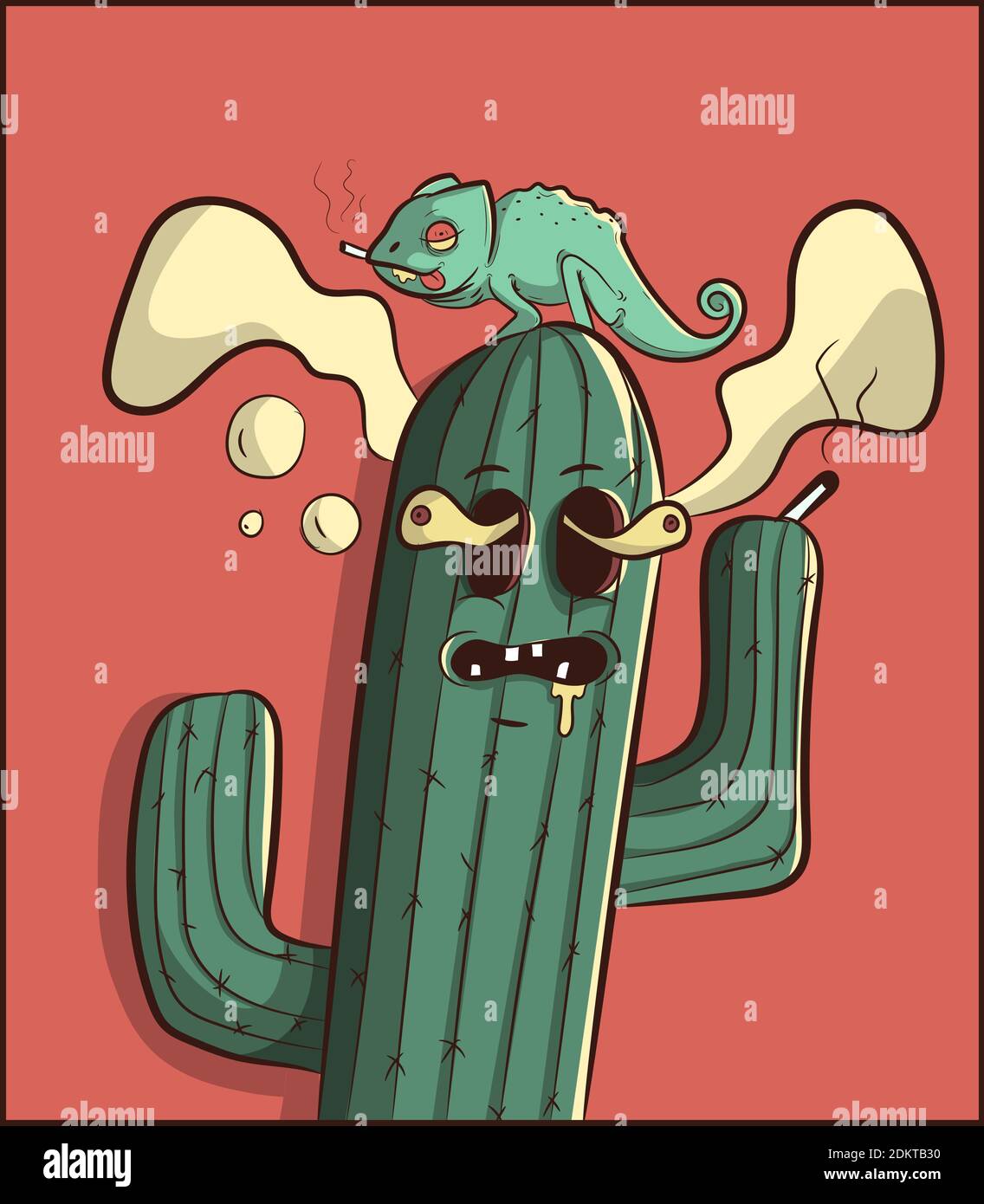 Cactus affumicante psichedelico con un iguana sulla testa. Il carattere cartoon è alto. Divertente illustrazione per tabasco e l'industria delle erbe infestate. Illustrazione Vettoriale