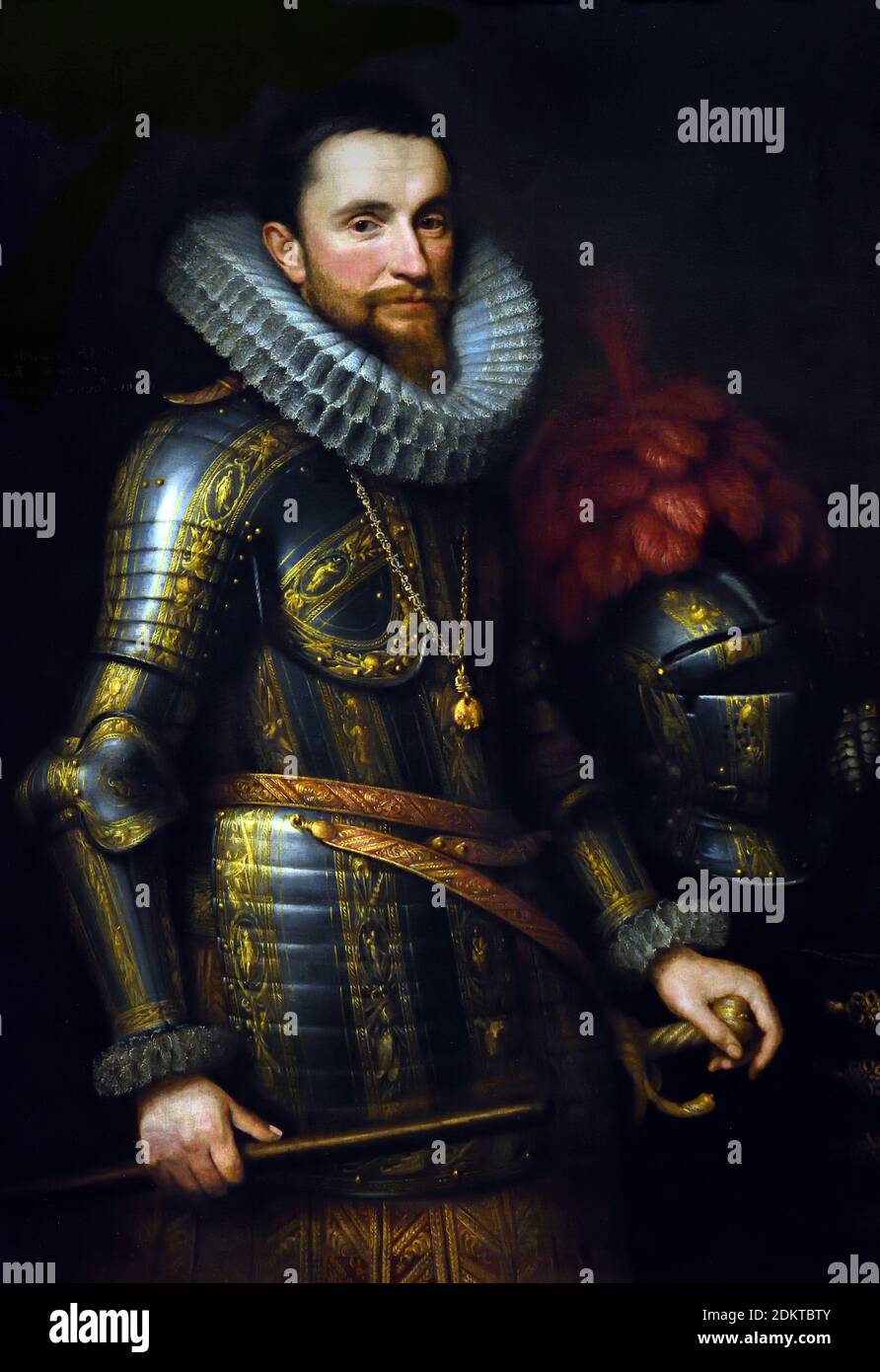 Ambrogio Spinola (1569-1630, comandante in capo delle truppe spagnole nel sud dei Paesi Bassi. Pezzo di anca, in piedi in armatura da un tavolo su cui si erge il casco con pennacchi. Comando personale nella mano destra, la mano sinistra sul hilt della sua epee. L'emblema dell'ordine del vello d'oro su una catena intorno al collo. Di Michiel Jansz. Van Mierevelt (1566–1641) Olanda, Paesi Bassi, Olandese, il Revolt olandese 1566–1648 Paesi Bassi contro il governo del re Asburgo Filippo II di Spagna la guerra degli ottanta anni. Foto Stock