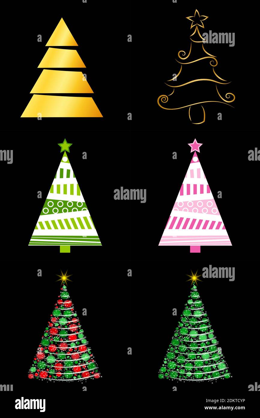 Set astratto albero di natale. Abete dorato, decorativo e incandescente per xmas. Illustrazione vettoriale isolata su sfondo nero. Eleme di design stagionale Illustrazione Vettoriale