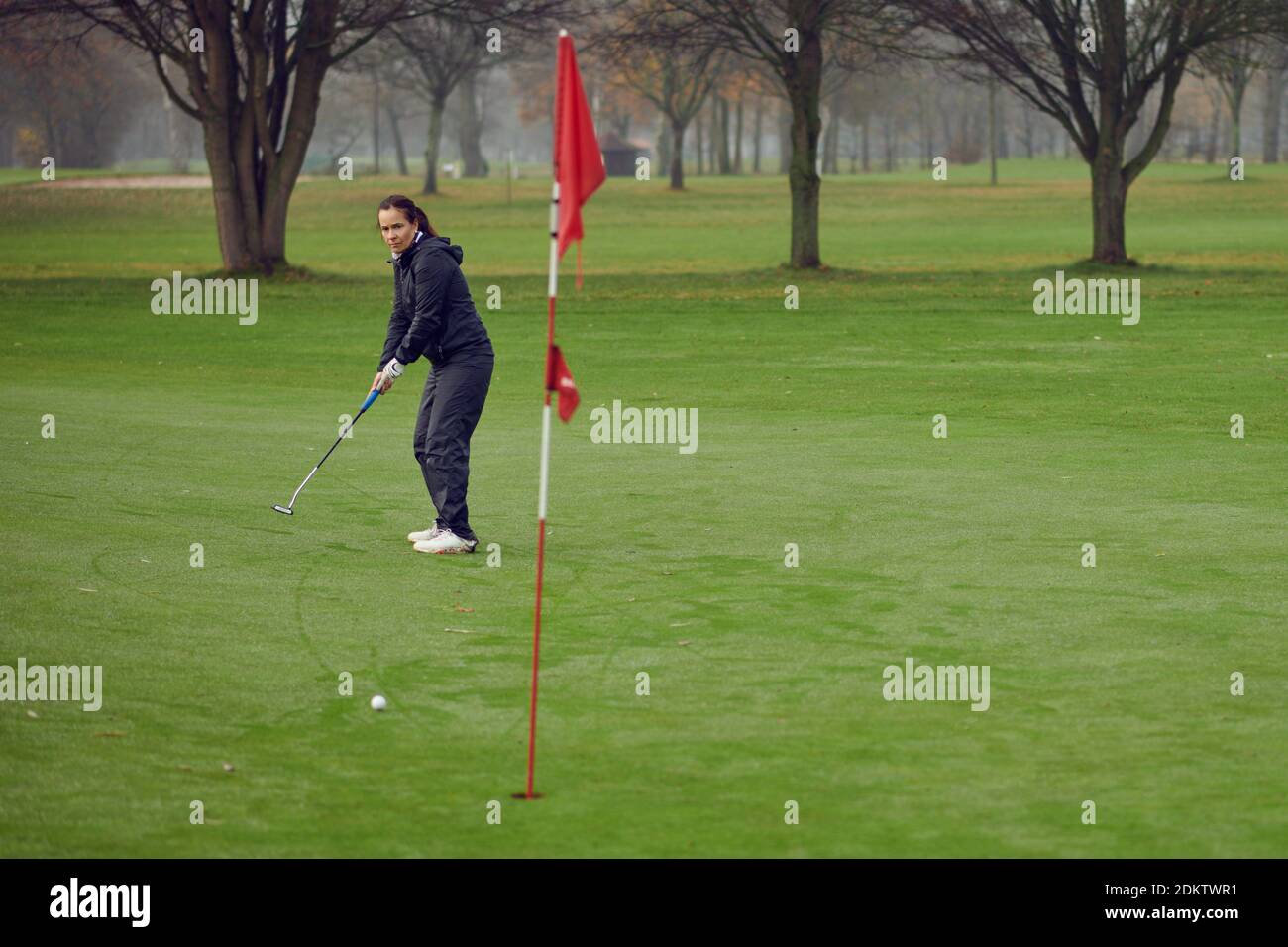 Medio-invecchiato golfer della donna di misura che mette per il buco sul verde visto dalla bandiera come la sua sfera di golf si avvicina in una giornata fredda ventosa e nebbiosa Foto Stock