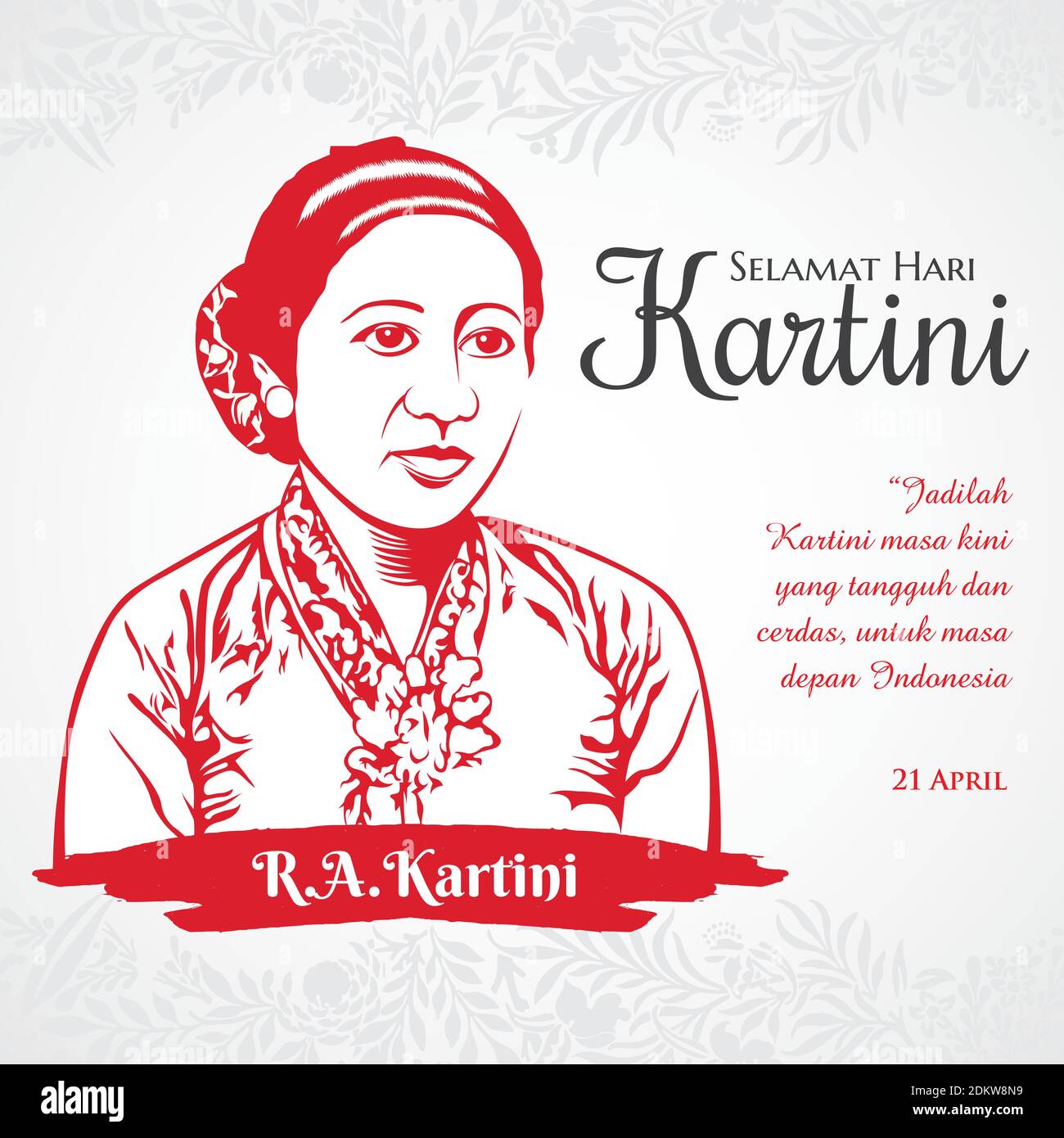 selamat hari Kartini. Traduzione: Buon giorno Kartini. Kartini è gli eroi dell'educazione femminile e del diritto umano in Indonesia adatto per il biglietto di auguri Illustrazione Vettoriale