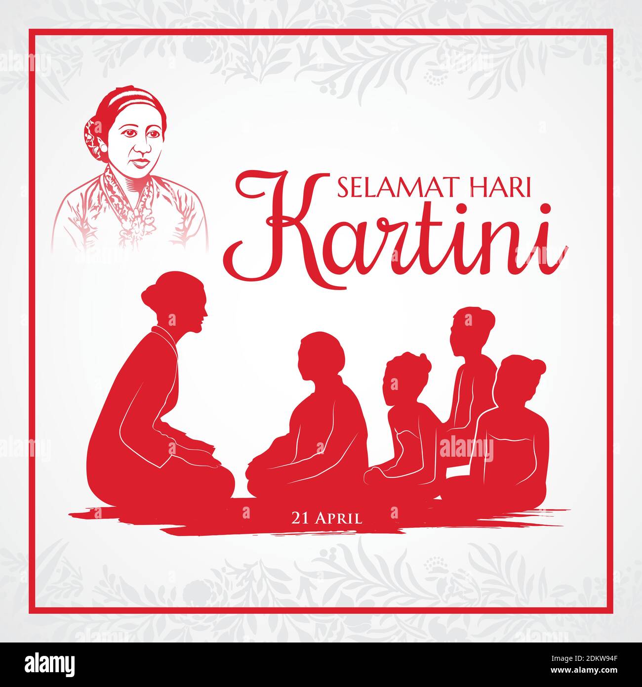 selamat hari Kartini. Traduzione: Buon giorno Kartini. Kartini è gli eroi dell'educazione femminile e del diritto umano in Indonesia adatto per il biglietto di auguri Illustrazione Vettoriale