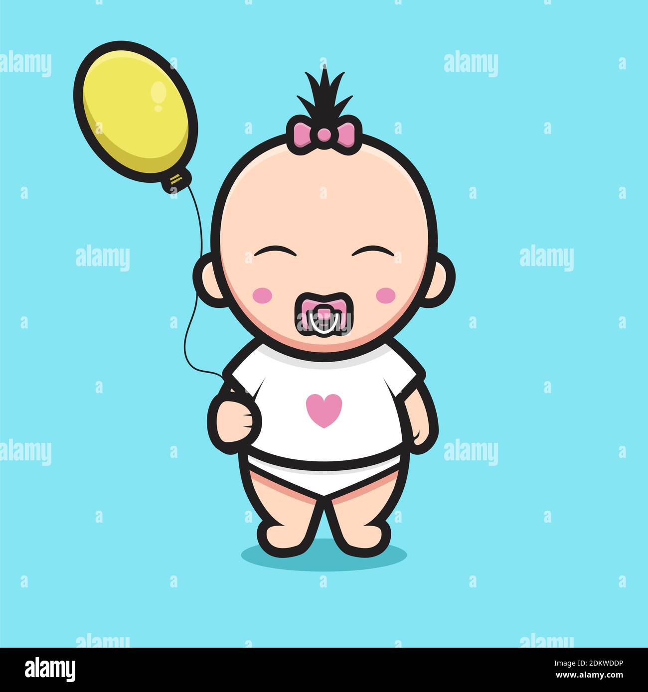 cute baby girl che indossa la t-shirt d'amore tenendo palloncino. design isolato su sfondo blu. Foto Stock
