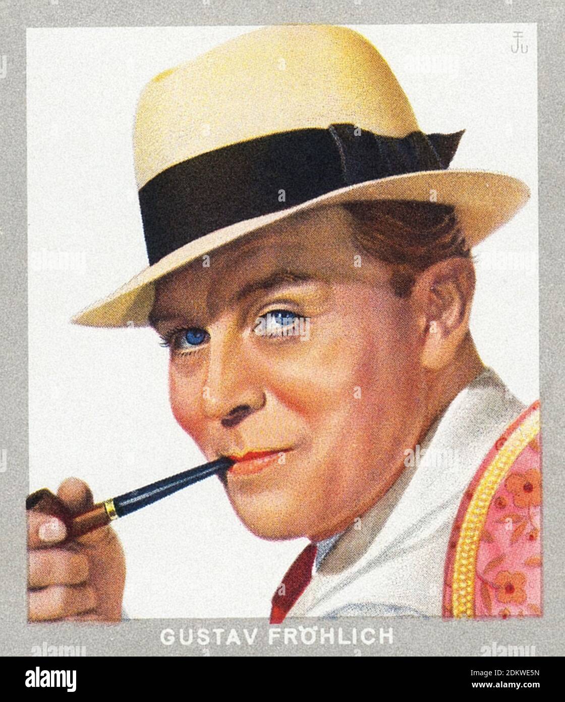 Carte tedesche di sigarette antiche. Sigarette Monopol 'serie Künstler im Film'. Gustav Fröhlich, attore tedesco. 1937 Gustav Fröhlich (1902 – 1987) è stato un Foto Stock