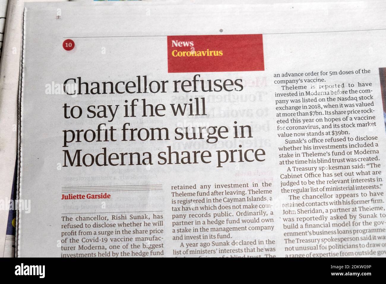 "Il Cancelliere si rifiuta di dire se trarne profitto dall'impennata In moderna share price' Coronavirus Covid giornale titolo in Guardian Londra UK 18 Nov 2020 Foto Stock