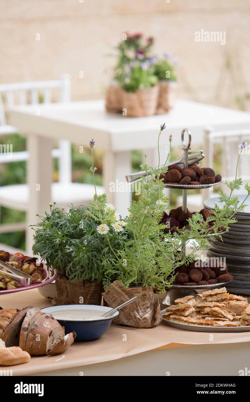 Un assortimento di cibi in ciotole su un tavolo a buffet durante una elegante reception Foto Stock